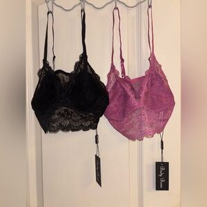 Lace Trim Bralette Set Black and Pink